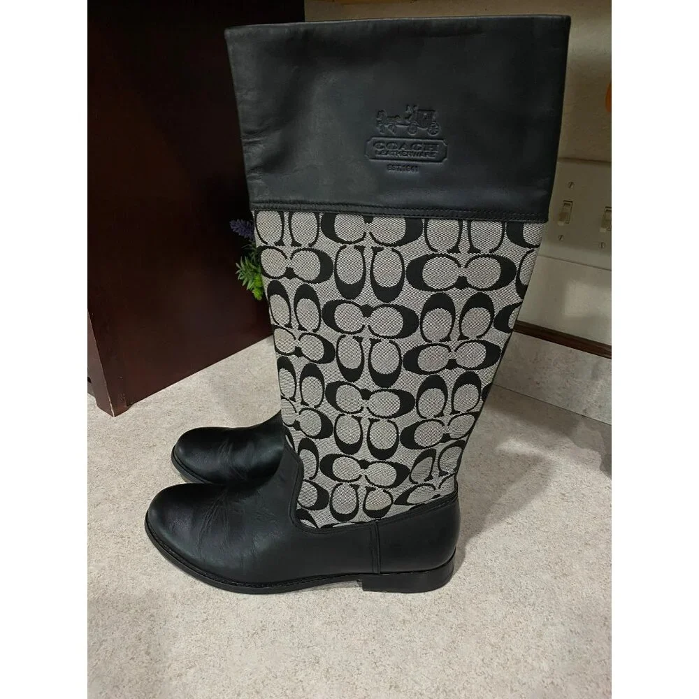 Coach Chrissi Black & Signature Canvas Riding Boots Womens Size 9.5